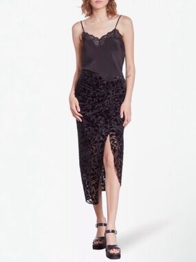 The Kooples Ruched Black Skirt Velvet Cutout Midi Sz 1/ Small NEW NWT✨